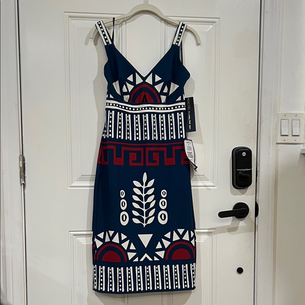 RACHEL Rachel Roy Navy Blue, White & Red Patterned Midi Dress